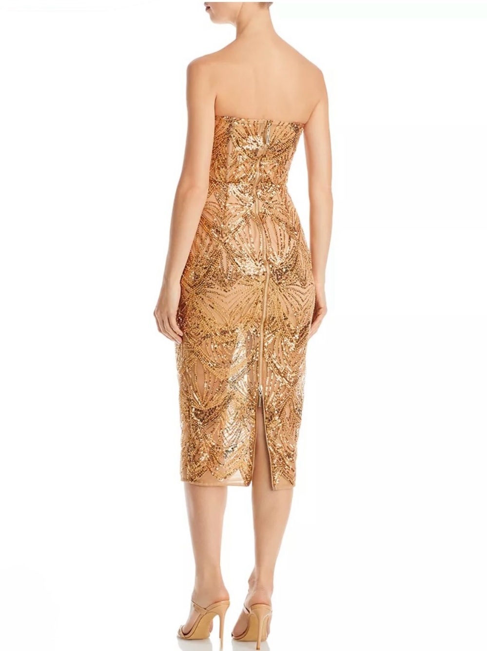 BRONX AND BANCO Giselle Strapless Sequin Midi Dress - Gold Party Cocktail Gown - Picture 3 of 16
